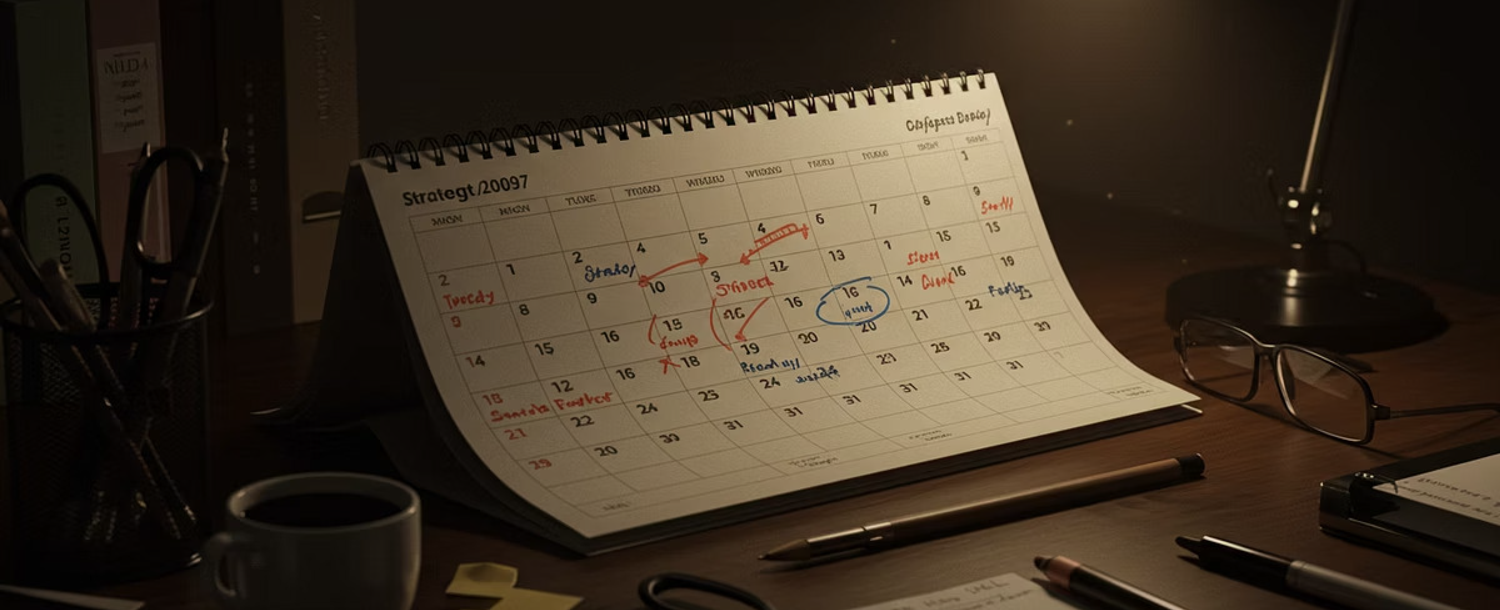 Strategic planning calendar on desk with handwritten notes, coffee mug, and reading glasses in warm lighting