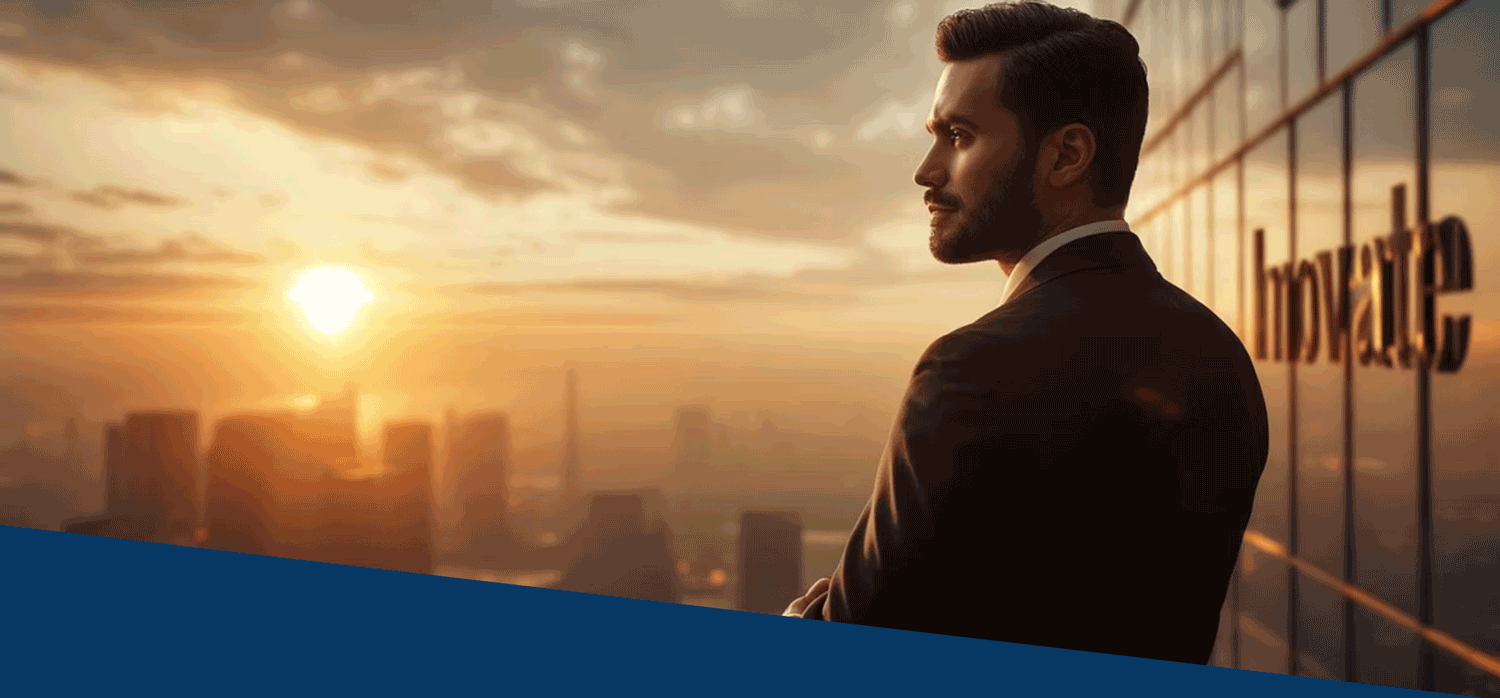 Ready-for-Whats-Coming a man stands on the balcony of a high rise with the word innovate on the window looking at the sun setting on a city skyline