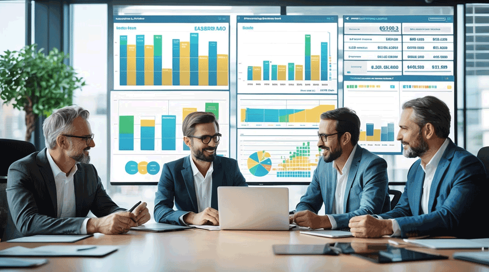 Fractional CFO team analyzing SaaS business metrics and KPIs on large dashboard screens, demonstrating data-driven decision making for scaling companies