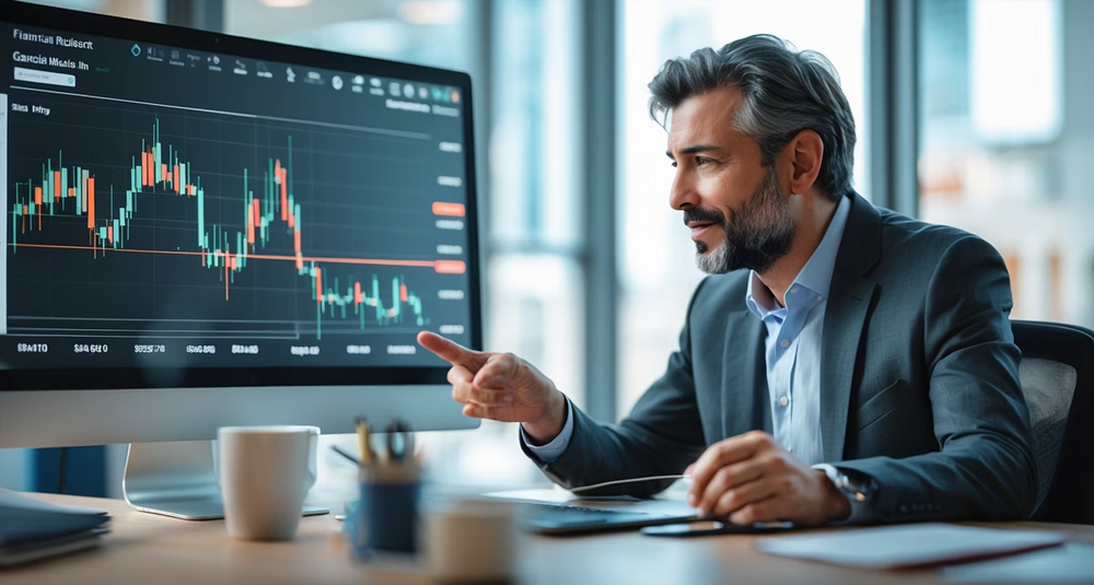 Professional financial advisor in a modern office analyzing revenue trends on a computer screen, representing data-driven strategic planning and financial oversight.”