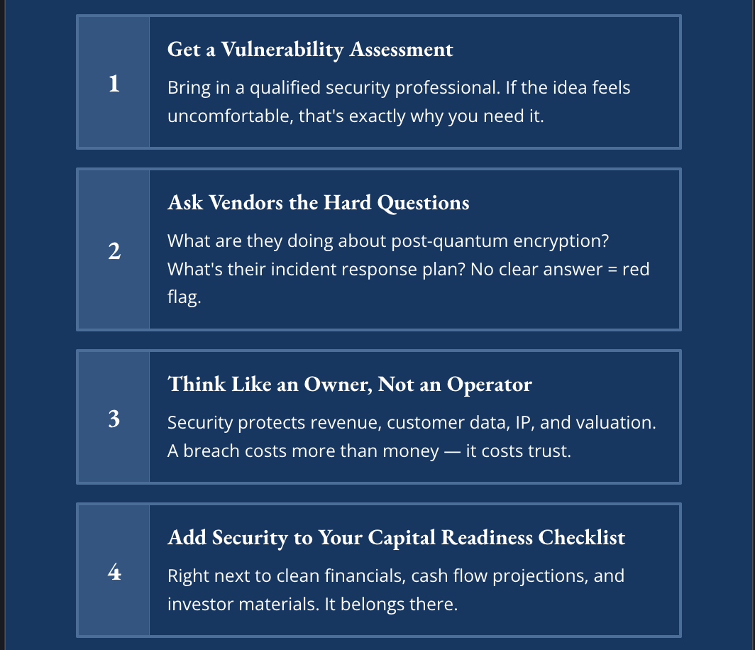 Four cybersecurity action steps for founders: get a vulnerability assessment, ask vendors about post-quantum encryption and incident response, think of security as protection for revenue and valuation, and add security to the capital readiness checklist.