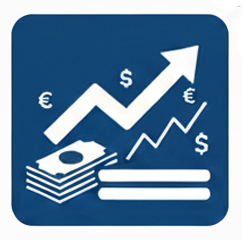 Icon showing upward arrows, currency symbols, and stacked cash, representing managing and forecasting cash flow.