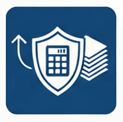 Icon with a shield, calculator, and documents, symbolizing protection and strategy for reducing taxes.