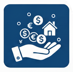 Icon with a hand holding coins, currency symbols, and a house, symbolizing alignment of business and personal wealth.