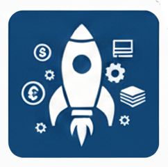  Icon with a rocket surrounded by gears and money symbols, representing preparation for funding and investment.