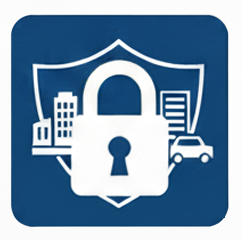  Icon with a shield and lock over buildings and a car, symbolizing safeguarding personal and business assets.