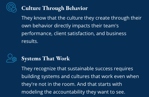 Infographic with two sections: 'Culture Through Behavior' explaining how leader behavior impacts team performance and business results, and 'Systems That Work' describing how sustainable success requires building systems and cultures that function without direct leadership presence.