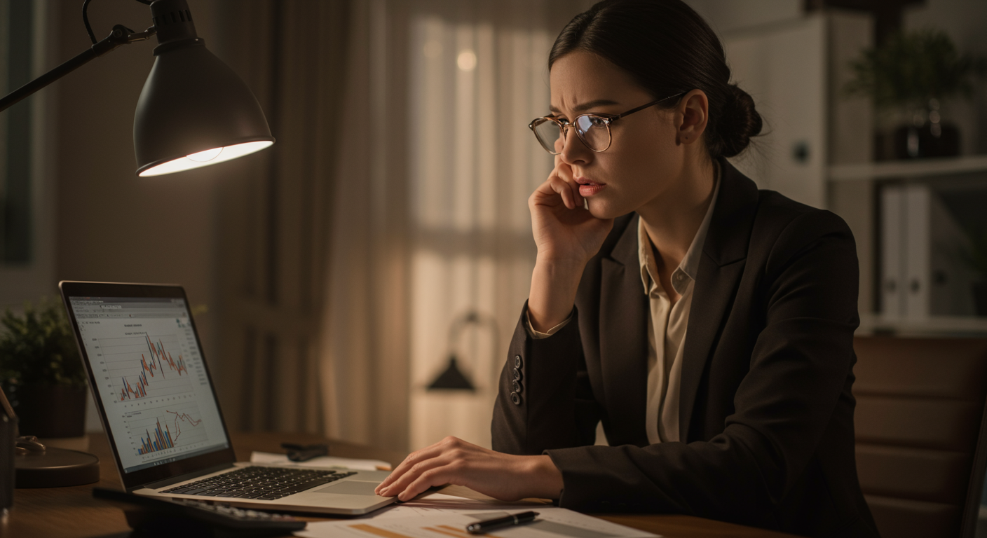 Founder analyzing financial charts and data on laptop at desk with desk lamp, appearing focused and thoughtful while reviewing business metrics.