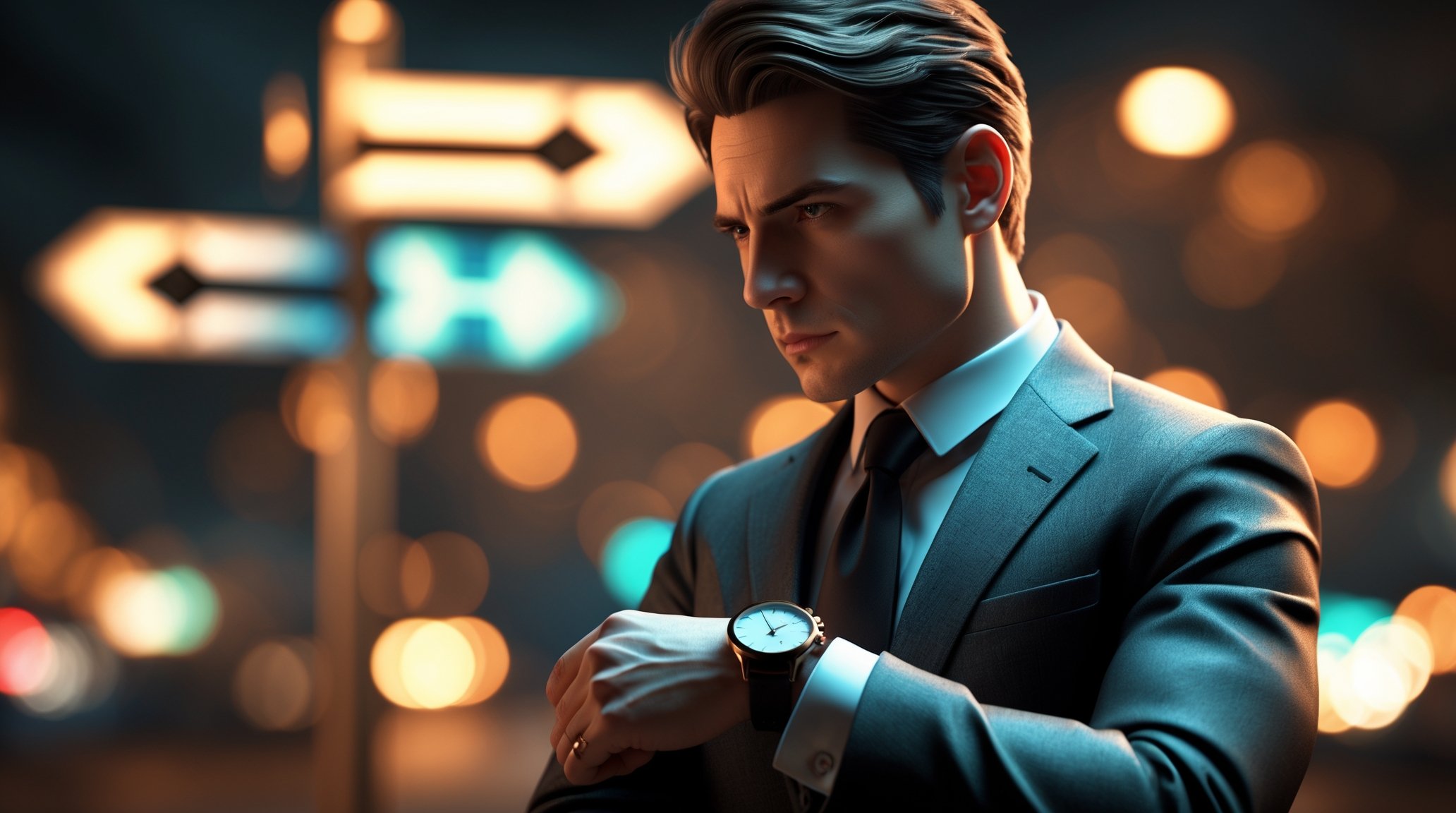 Business founder in blue suit checking watch with concerned expression against blurred city lights, representing the urgency of making timely business decisions