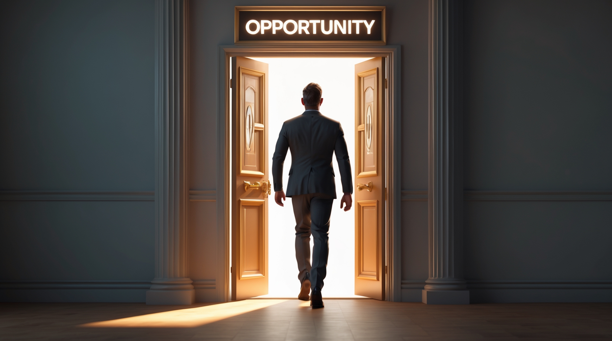 Businessman in suit walking through open doors marked 'Opportunity,' symbolizing prepared founder stepping through doors to capital readiness and business opportunities.