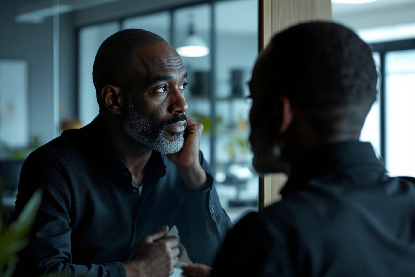 Man in business attire looking at his reflection in a mirror, with a contemplative expression in a modern office setting.