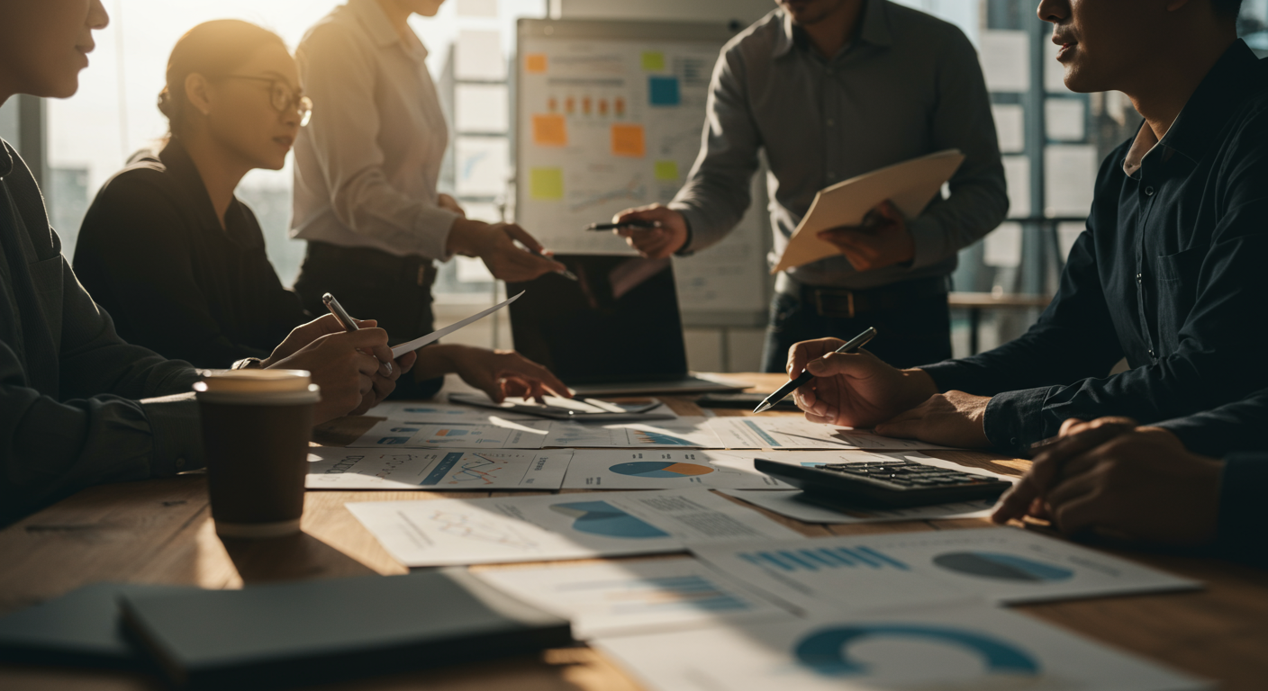 Team of business professionals gathered around a conference table reviewing financial reports and charts, collaborating on strategic planning with notebooks, tablets, and financial documents visible.