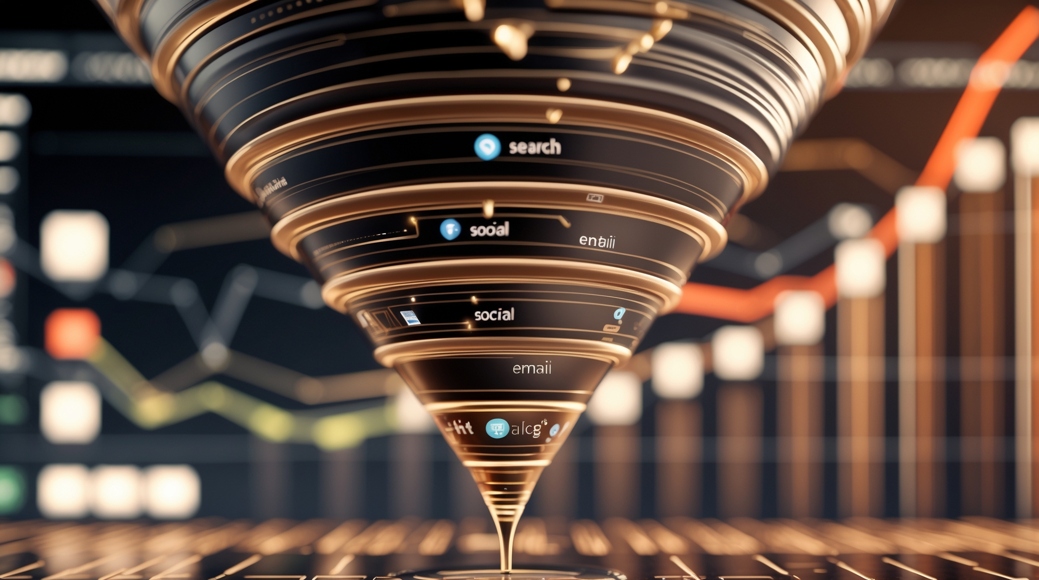Marketing funnel graphic showing acquisition channels narrowing from search and social to email and ads, with financial charts in the background.