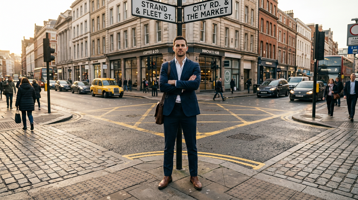 Professional in a navy suit standing confidently at a city crossroads, representing the decision point founders face when choosing which opportunities to pursue