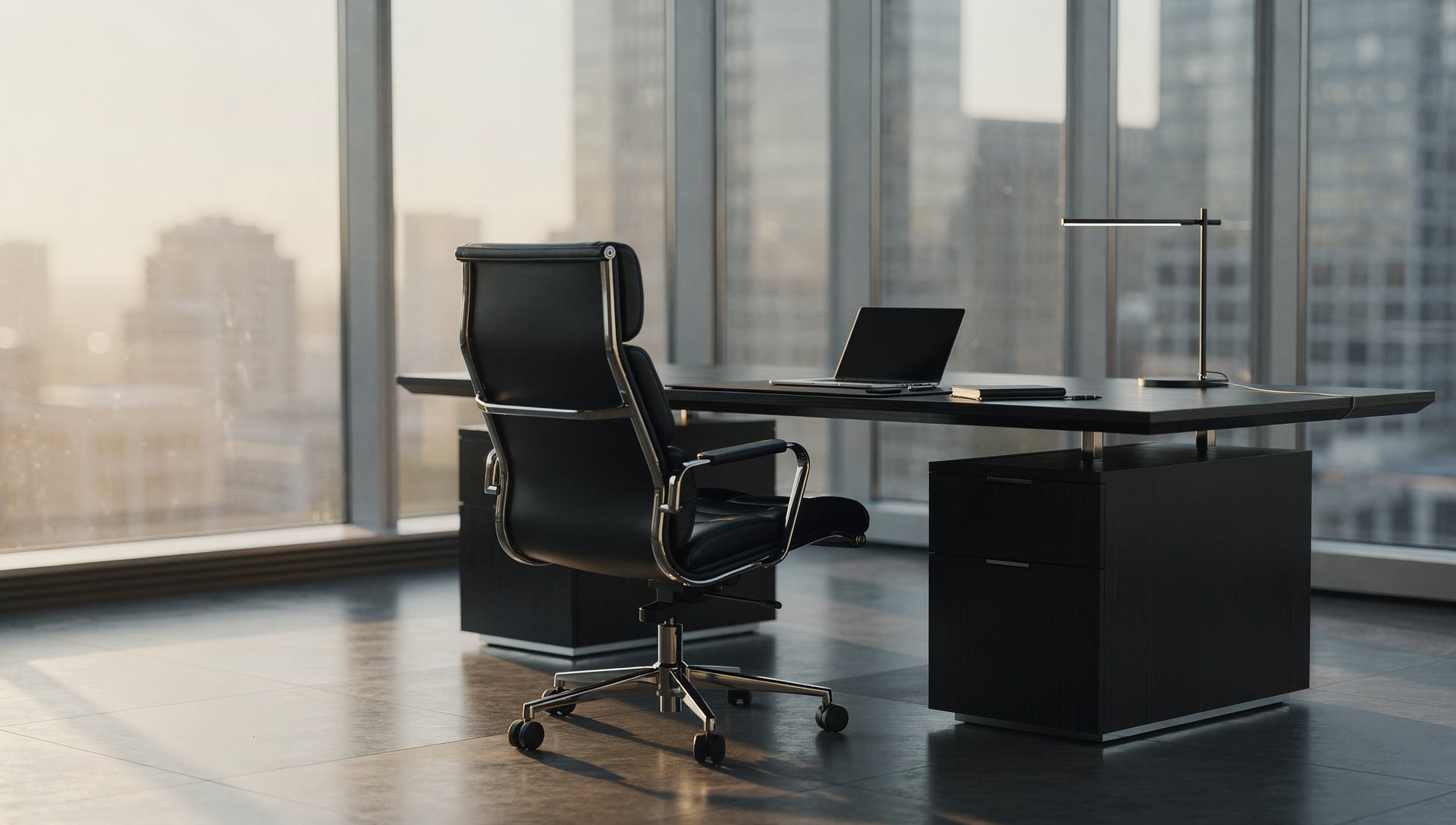 An empty executive desk and chair in a high-rise office, laptop open with no one sitting behind it, representing the question every founder should answer: who runs the company if you can't show up tomorrow.