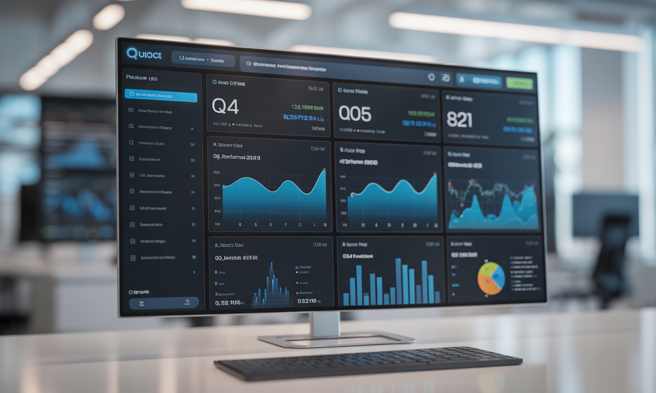Financial dashboard displaying Q4 and Q05 metrics with revenue data, cost analysis charts, and performance graphs on a dark analytics interface