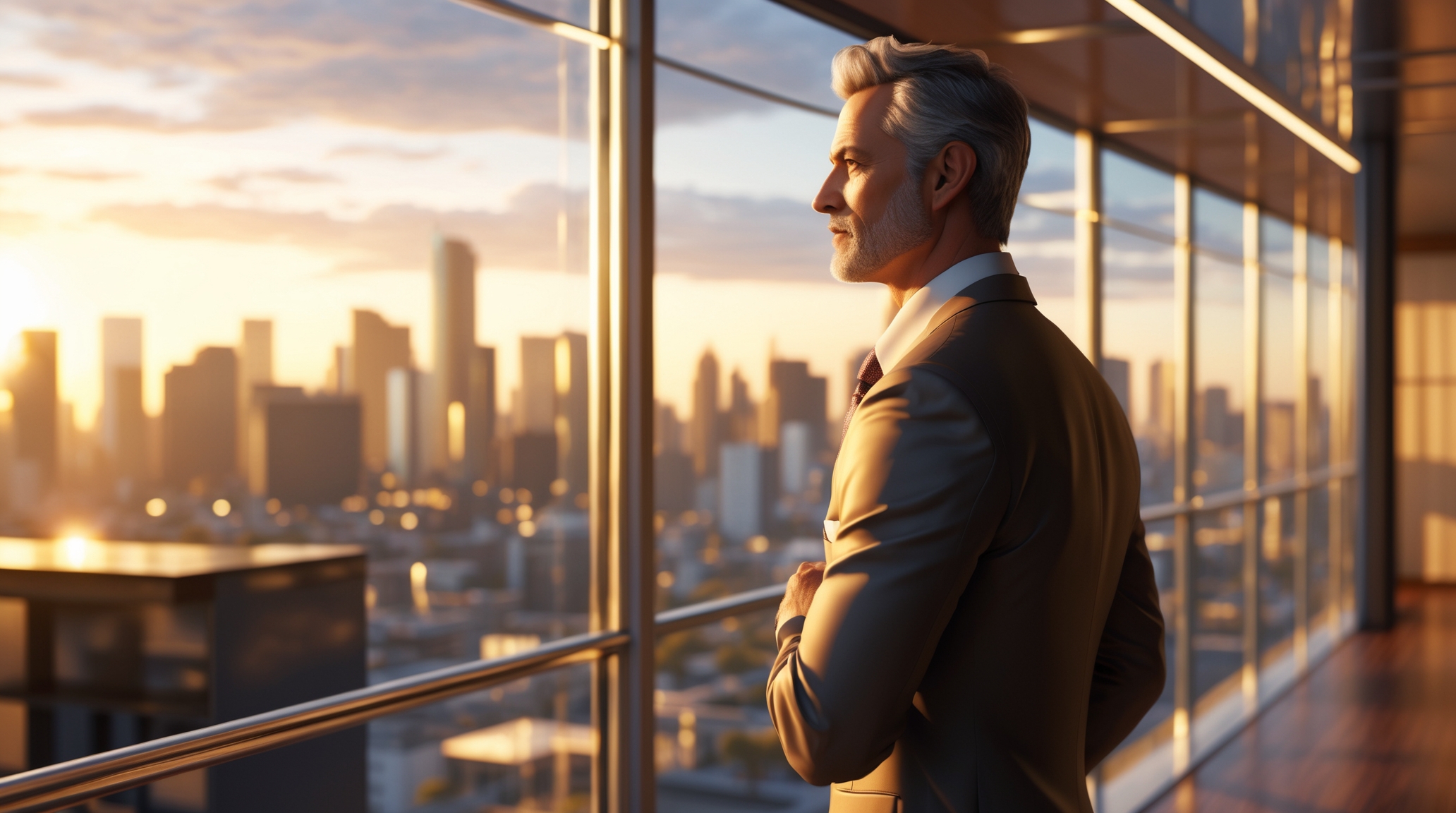A business professional in a suit stands looking out floor-to-ceiling windows at a city skyline at sunset, arms crossed, in a contemplative pose.