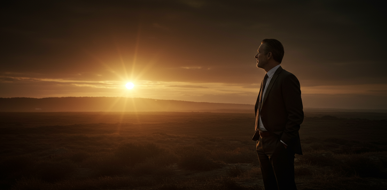 Business professional in suit standing on hillside overlooking landscape at golden hour, reflecting on purpose and direction
