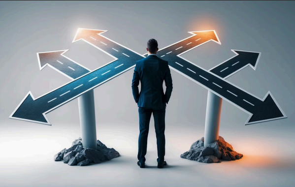 Business leader at a crossroads symbolizing strategic choices in Financial Advisory Services and SaaS Accounting Services.
